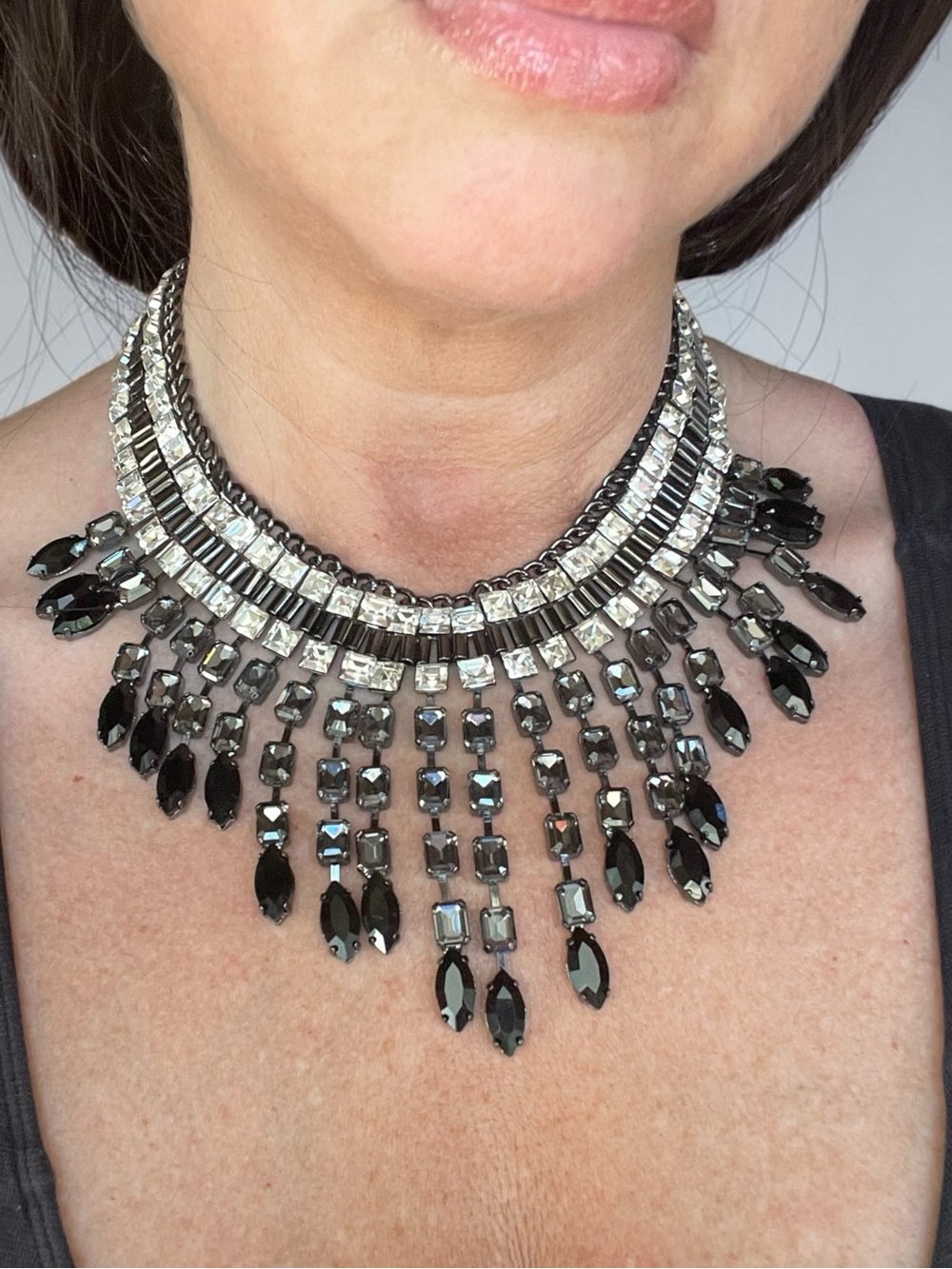Signed Natasha Couture Crystal Rhinestone and Gunmetal Choker Collar Necklace